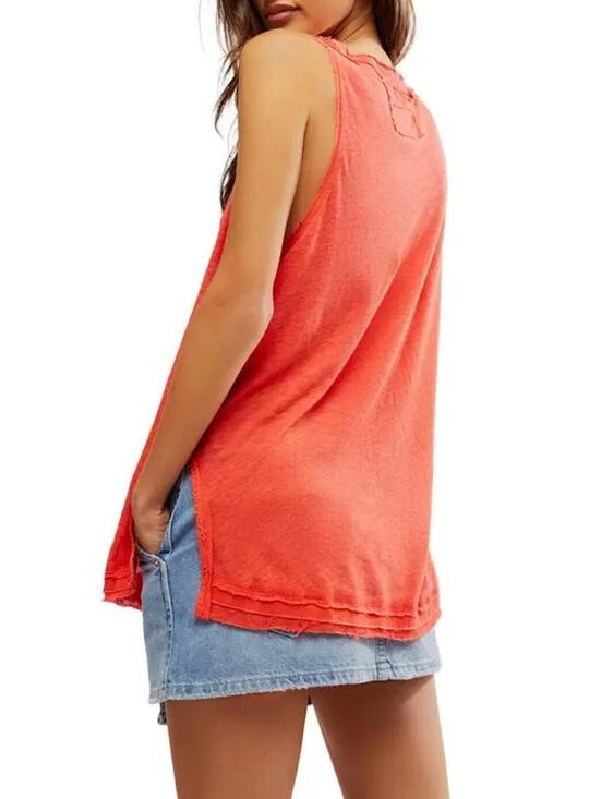 NWT Free People Love Language Red Linen Scoop Neck Henley Tank Top- Size Small - Picture 4 of 9